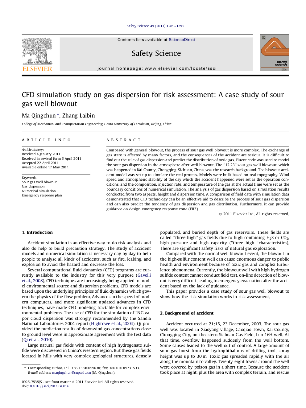 CFD simulation study on gas dispersion for risk assessment: A case study of sour gas well blowout