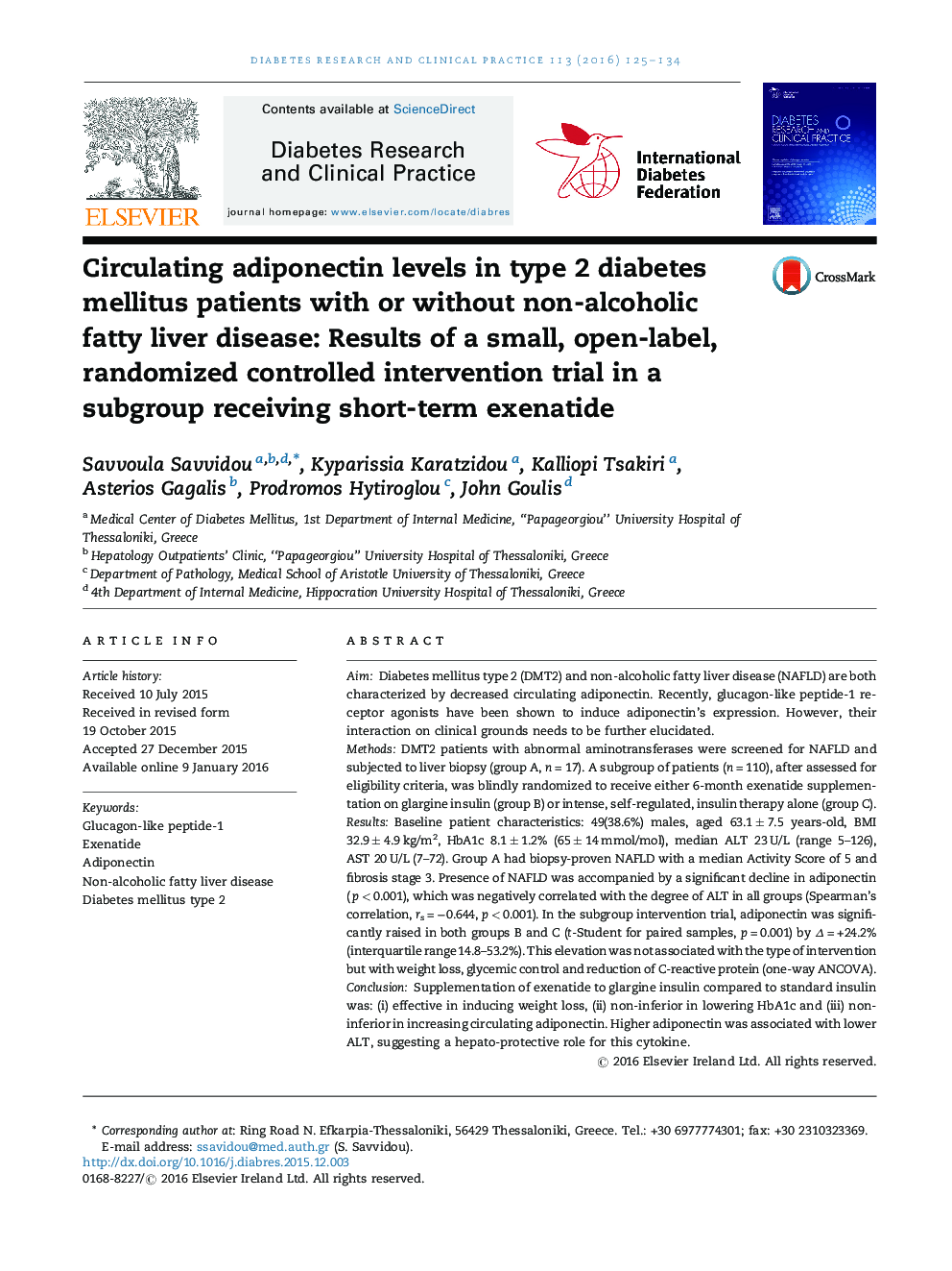 عکس صفحه اول مقاله: Circulating adiponectin levels in type 2 diabetes mellitus patients with or without non-alcoholic fatty liver disease: Results of a small, open-label, randomized controlled intervention trial in a subgroup receiving short-term exenatide Circulating adiponectin levels in type 2 diabetes mellitus patients with or without non-alcoholic fatty liver disease: Results of a small, open-label, randomized controlled intervention trial in a subgroup receiving short-term exenatide