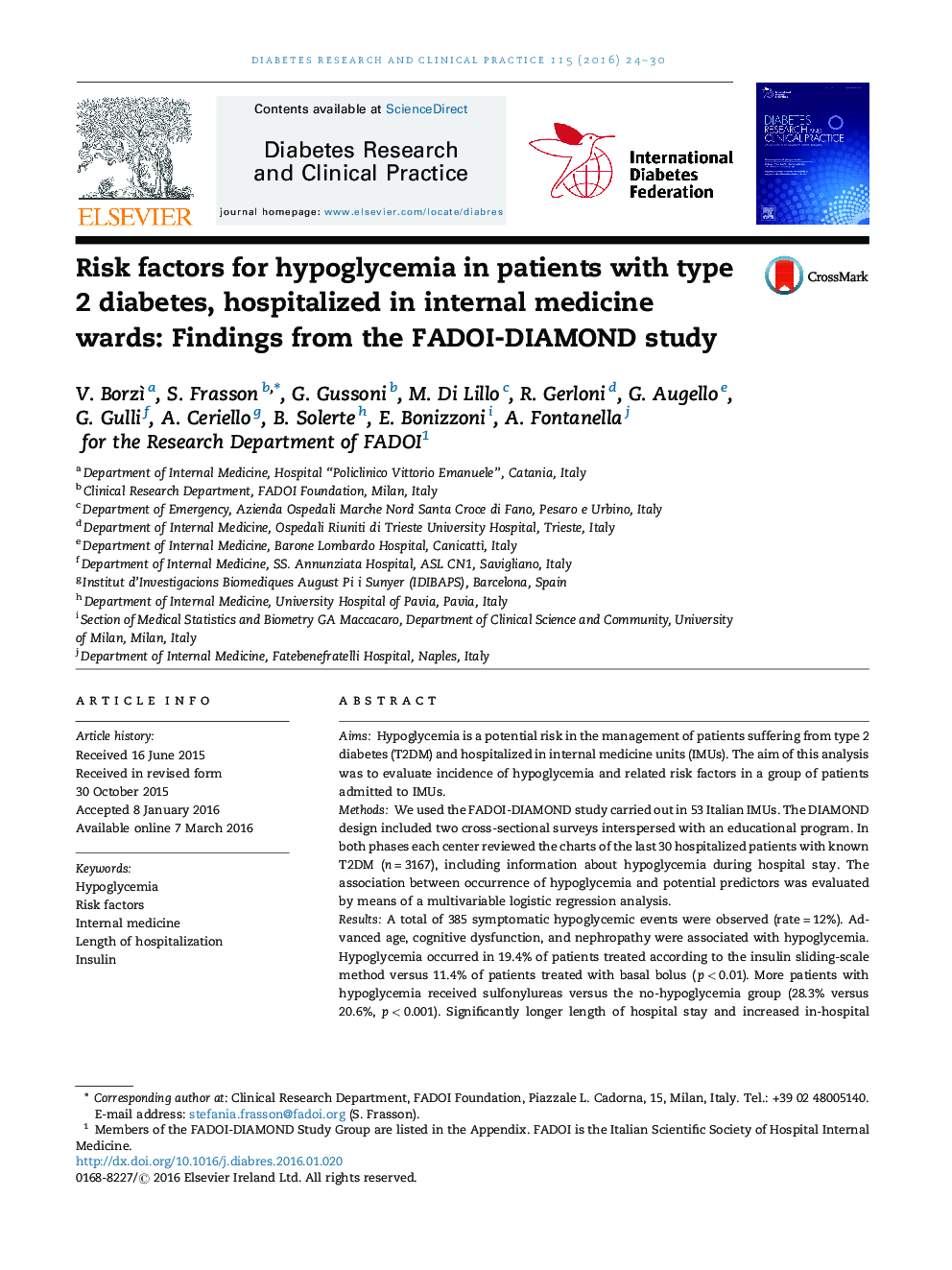 Risk factors for hypoglycemia in patients with type 2 diabetes, hospitalized in internal medicine wards: Findings from the FADOI-DIAMOND study