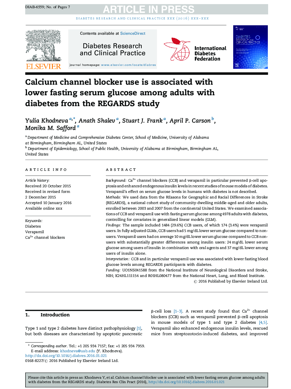 Calcium channel blocker use is associated with lower fasting serum glucose among adults with diabetes from the REGARDS study