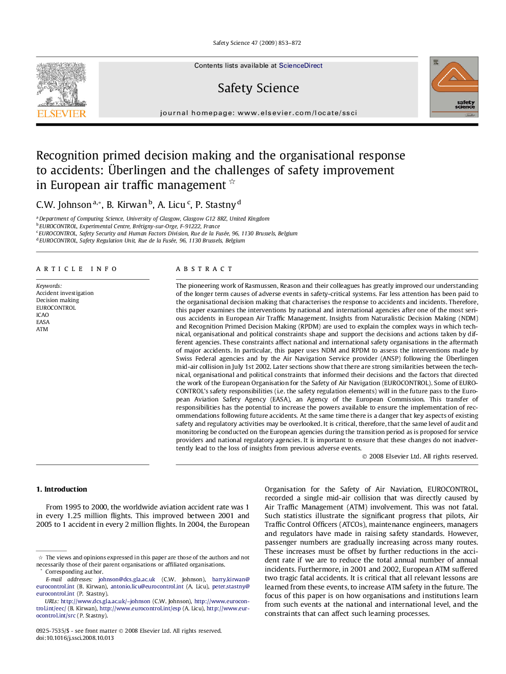 Recognition primed decision making and the organisational response to accidents: Überlingen and the challenges of safety improvement in European air traffic management 