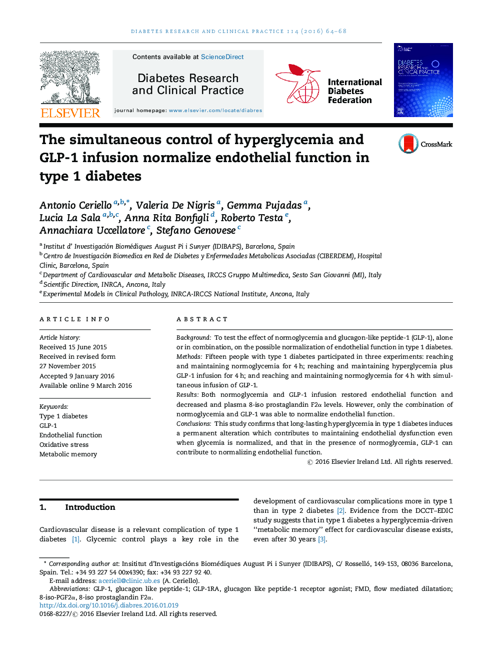 The simultaneous control of hyperglycemia and GLP-1 infusion normalize endothelial function in type 1 diabetes