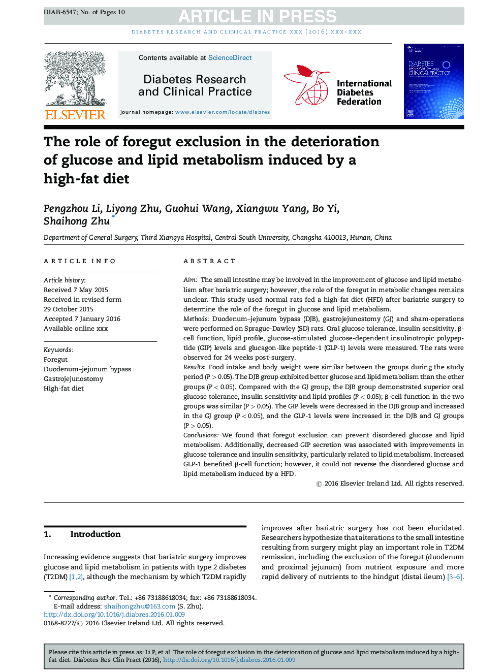 The role of foregut exclusion in the deterioration of glucose and lipid metabolism induced by a high-fat diet