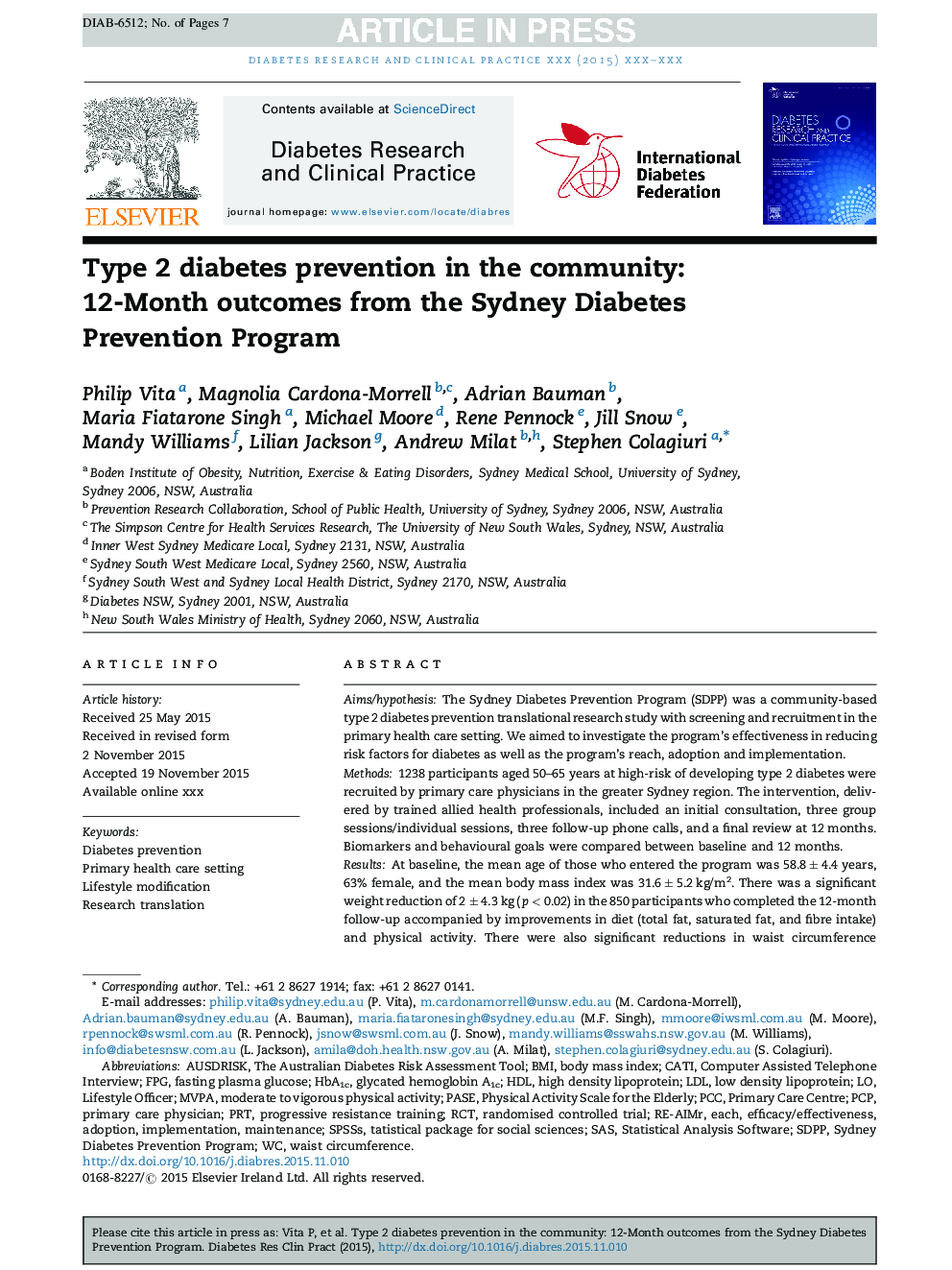 Type 2 diabetes prevention in the community: 12-Month outcomes from the Sydney Diabetes Prevention Program