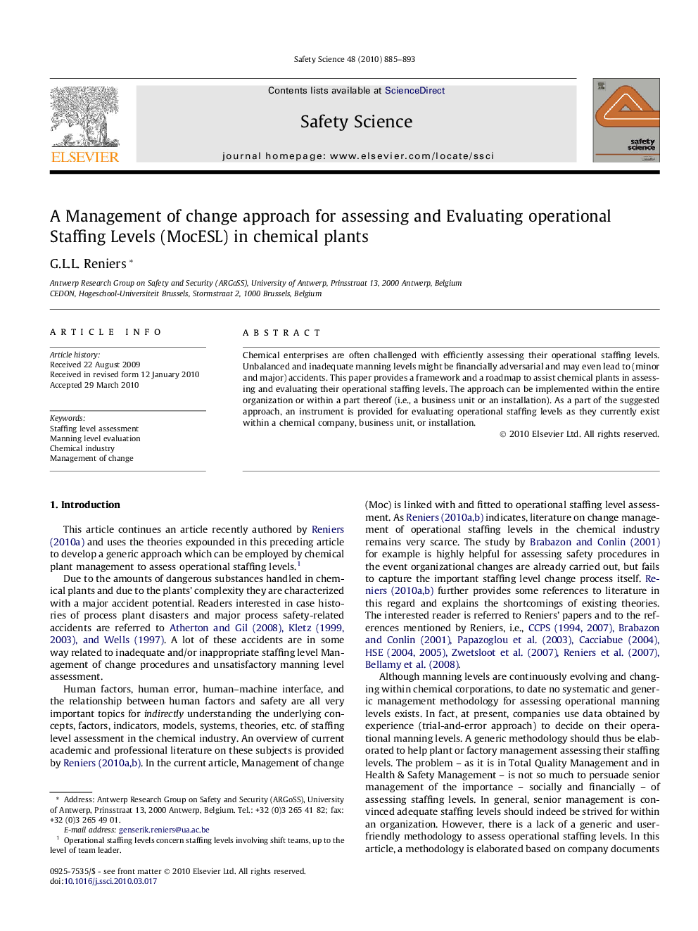 A Management of change approach for assessing and Evaluating operational Staffing Levels (MocESL) in chemical plants