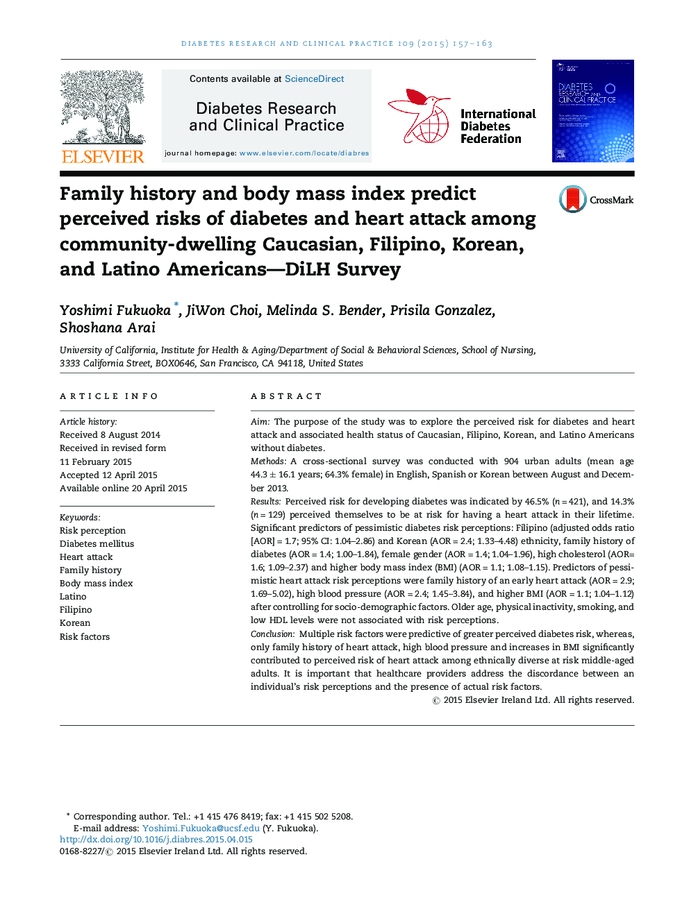 Family history and body mass index predict perceived risks of diabetes and heart attack among community-dwelling Caucasian, Filipino, Korean, and Latino Americans-DiLH Survey
