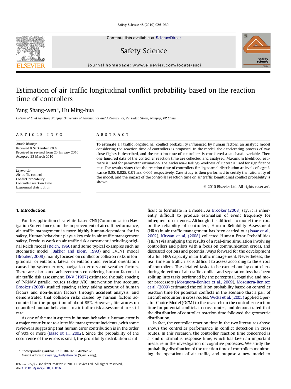 Estimation of air traffic longitudinal conflict probability based on the reaction time of controllers