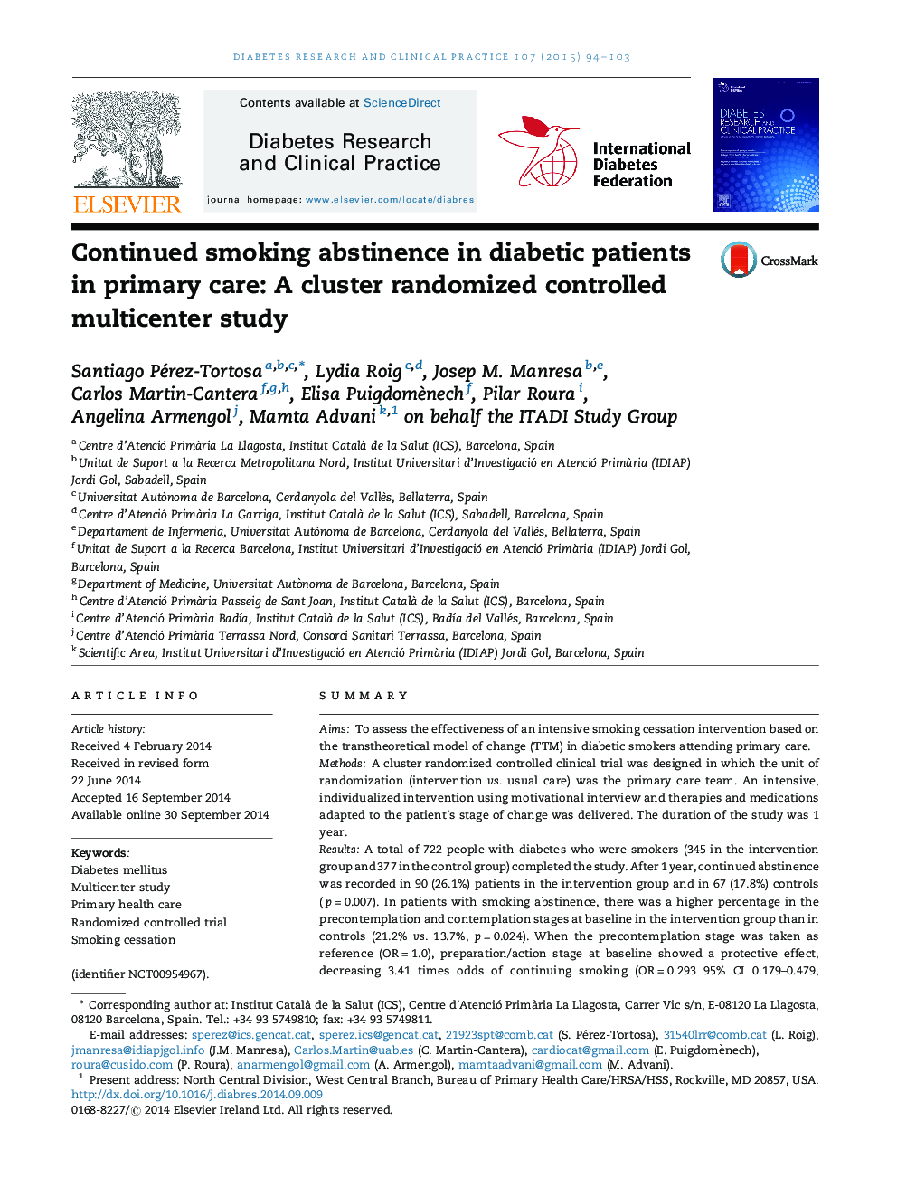 Continued smoking abstinence in diabetic patients in primary care: A cluster randomized controlled multicenter study
