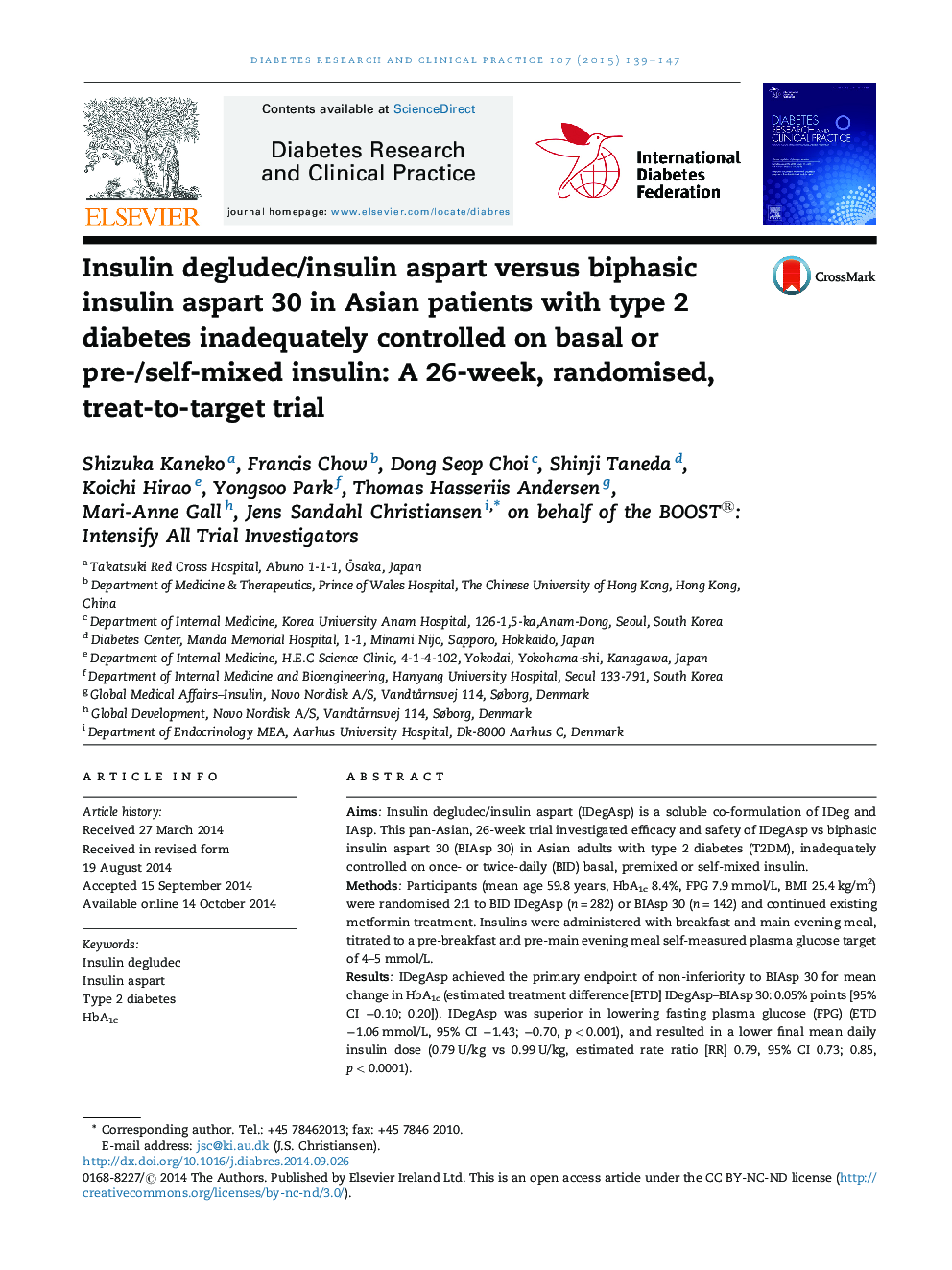 Insulin degludec/insulin aspart versus biphasic insulin aspart 30 in Asian patients with type 2 diabetes inadequately controlled on basal or pre-/self-mixed insulin: A 26-week, randomised, treat-to-target trial