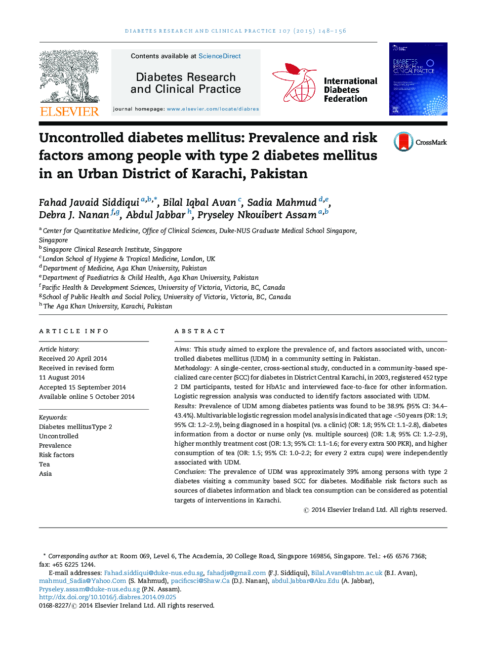 Uncontrolled diabetes mellitus: Prevalence and risk factors among people with type 2 diabetes mellitus in an Urban District of Karachi, Pakistan