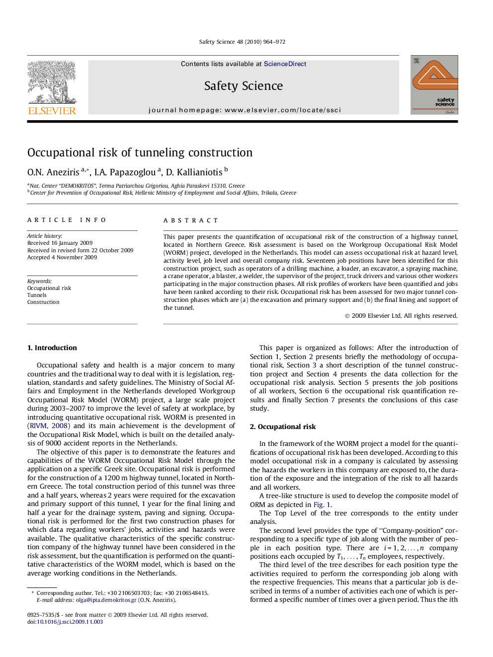 Occupational risk of tunneling construction