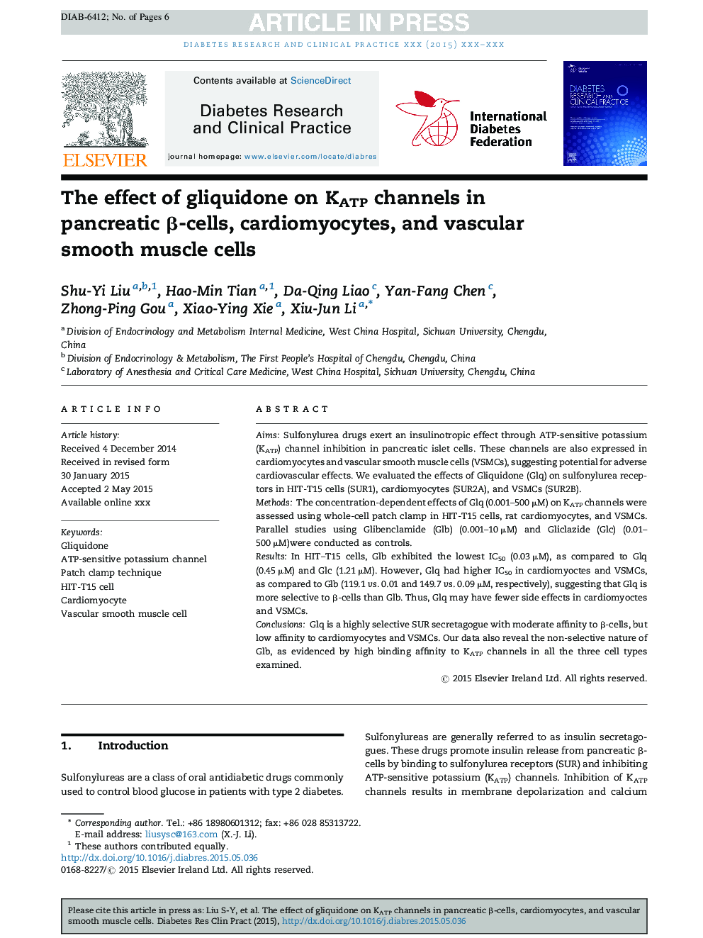 The effect of gliquidone on KATP channels in pancreatic Î²-cells, cardiomyocytes, and vascular smooth muscle cells