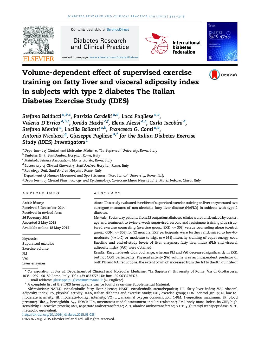 Volume-dependent effect of supervised exercise training on fatty liver and visceral adiposity index in subjects with type 2 diabetes The Italian Diabetes Exercise Study (IDES)