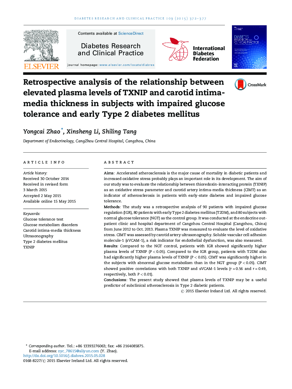 Retrospective analysis of the relationship between elevated plasma levels of TXNIP and carotid intima-media thickness in subjects with impaired glucose tolerance and early Type 2 diabetes mellitus