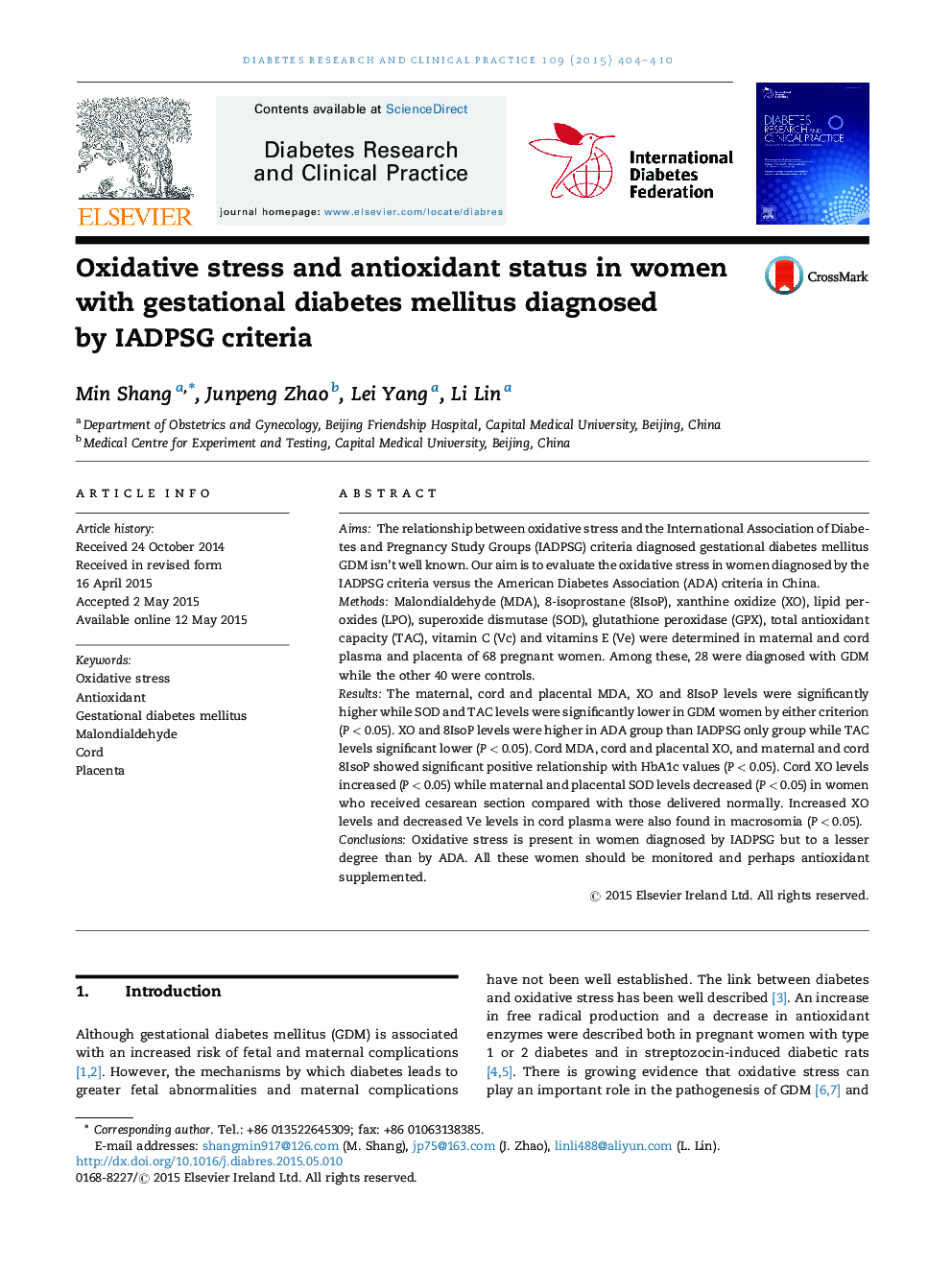 Oxidative stress and antioxidant status in women with gestational diabetes mellitus diagnosed by IADPSG criteria