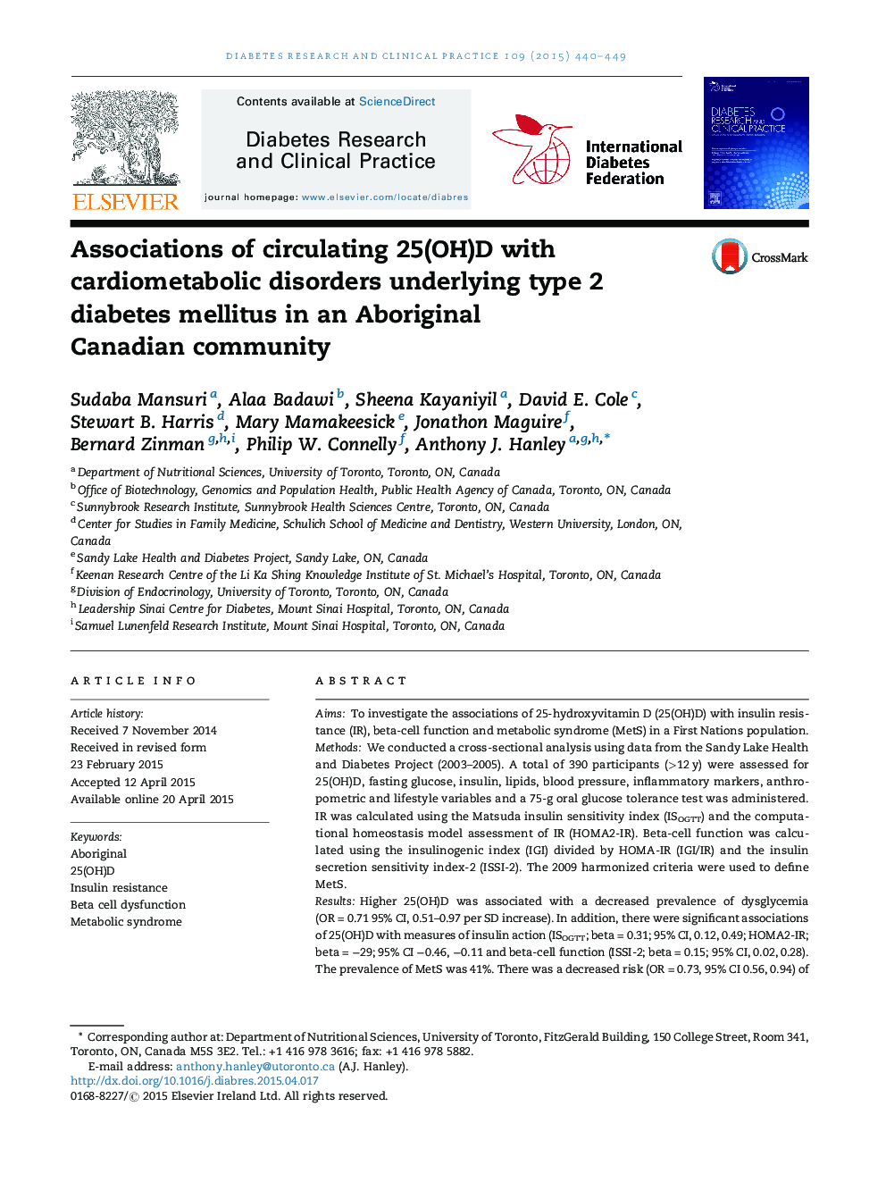 Associations of circulating 25(OH)D with cardiometabolic disorders underlying type 2 diabetes mellitus in an Aboriginal Canadian community