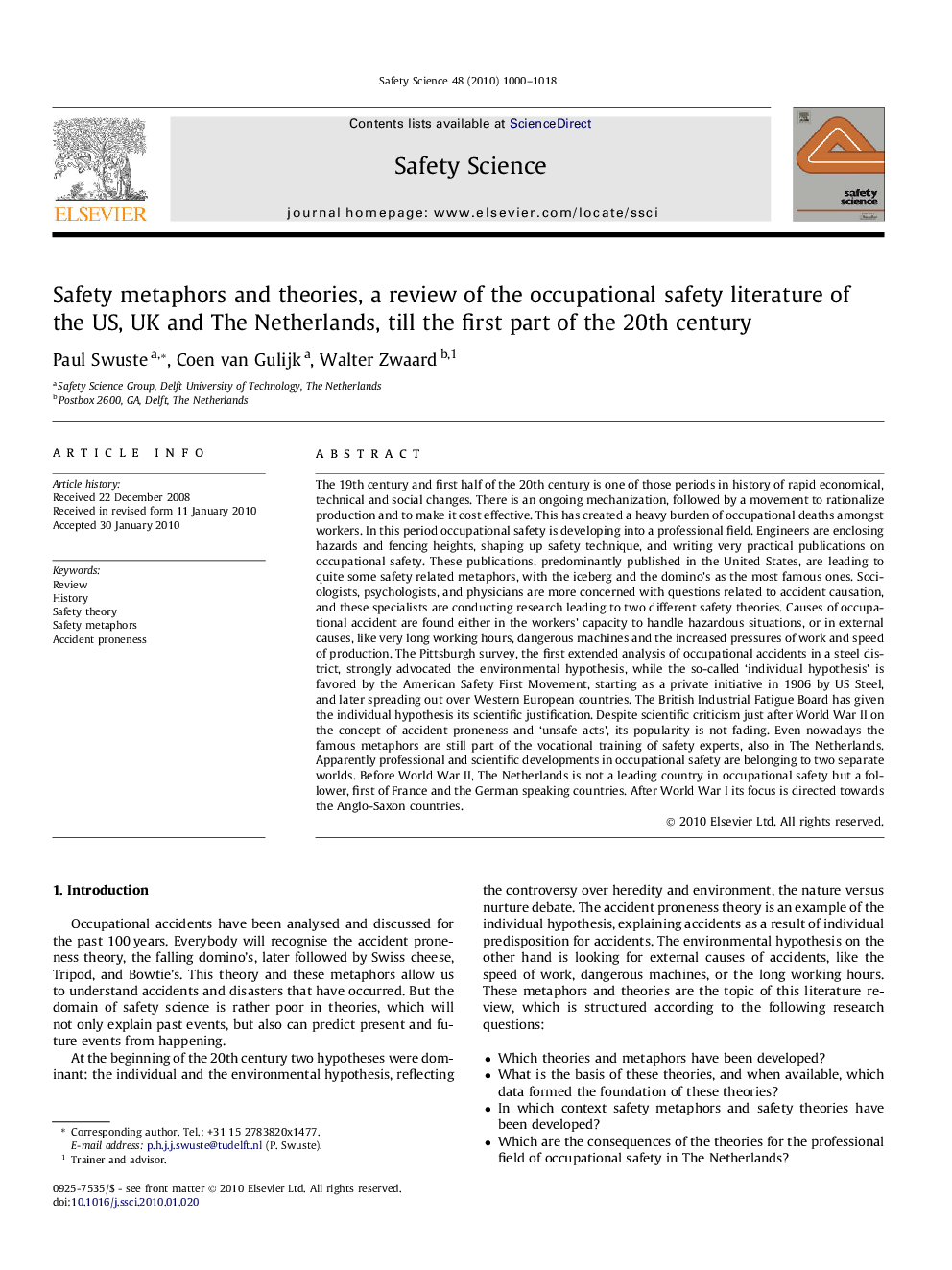 Safety metaphors and theories, a review of the occupational safety literature of the US, UK and The Netherlands, till the first part of the 20th century