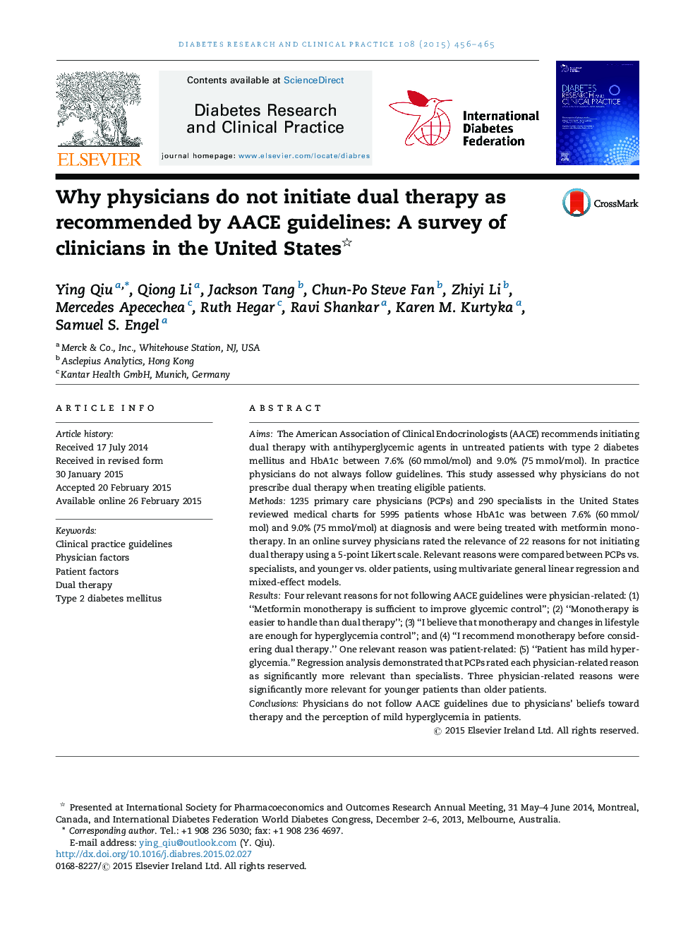 Why physicians do not initiate dual therapy as recommended by AACE guidelines: A survey of clinicians in the United States