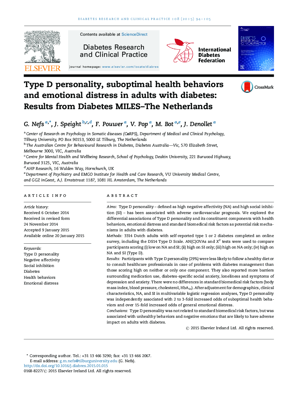 Type D personality, suboptimal health behaviors and emotional distress in adults with diabetes: Results from Diabetes MILES-The Netherlands