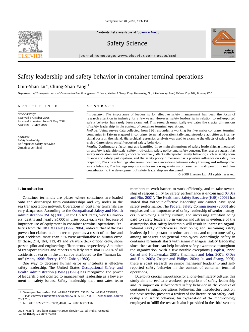 Safety leadership and safety behavior in container terminal operations