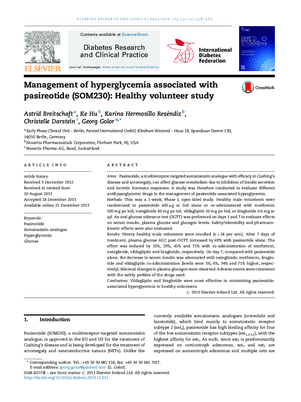 Management of hyperglycemia associated with pasireotide (SOM230): Healthy volunteer study