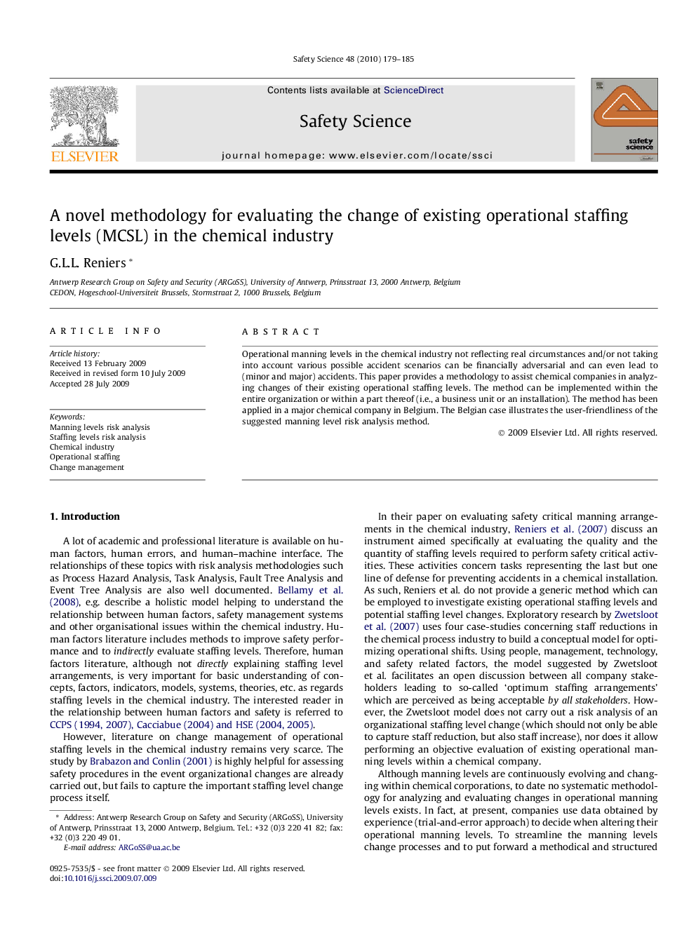 A novel methodology for evaluating the change of existing operational staffing levels (MCSL) in the chemical industry