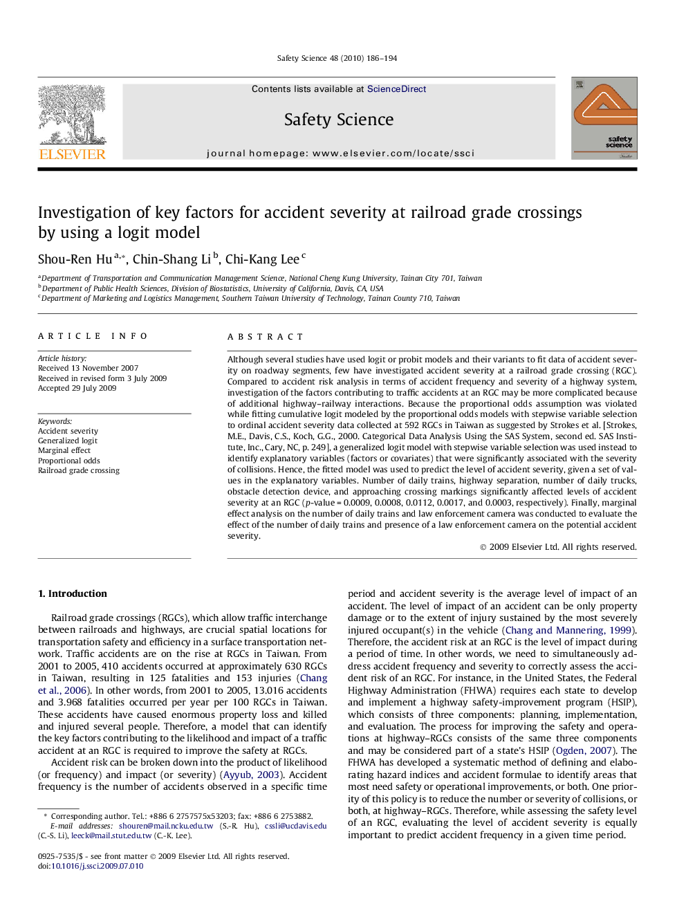 Investigation of key factors for accident severity at railroad grade crossings by using a logit model