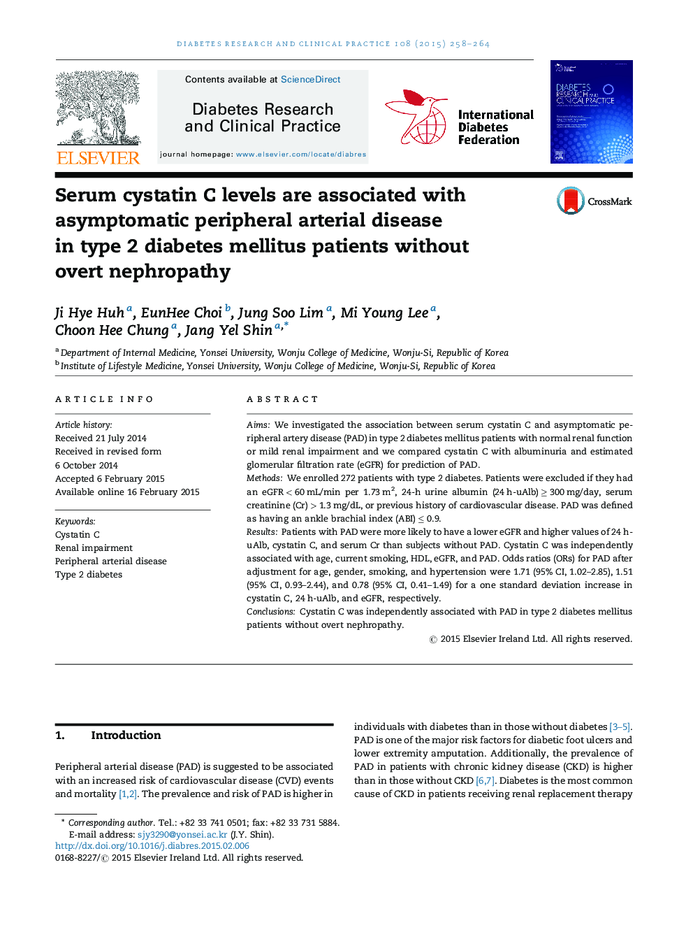 Serum cystatin C levels are associated with asymptomatic peripheral arterial disease in type 2 diabetes mellitus patients without overt nephropathy