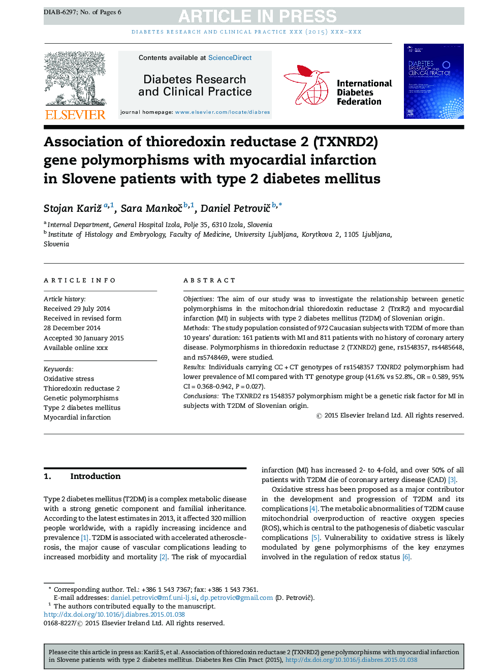 Association of thioredoxin reductase 2 (TXNRD2) gene polymorphisms with myocardial infarction in Slovene patients with type 2 diabetes mellitus
