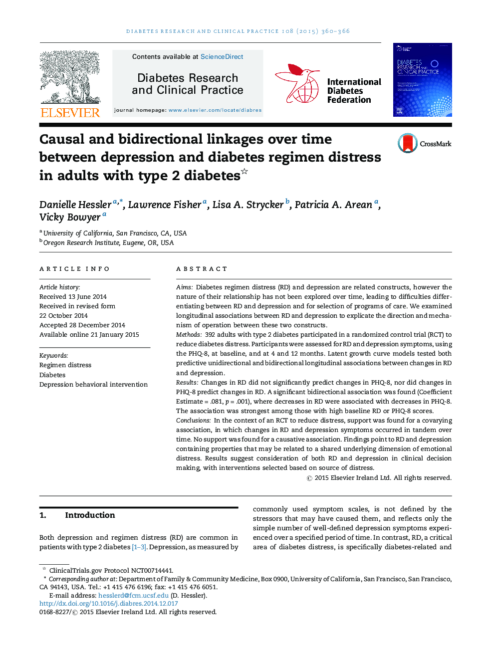 Causal and bidirectional linkages over time between depression and diabetes regimen distress in adults with type 2 diabetes