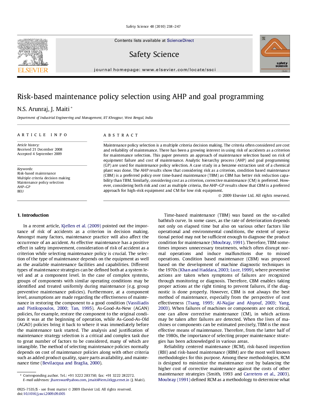 Risk-based maintenance policy selection using AHP and goal programming