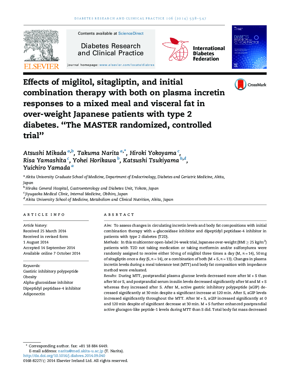 Effects of miglitol, sitagliptin, and initial combination therapy with both on plasma incretin responses to a mixed meal and visceral fat in over-weight Japanese patients with type 2 diabetes. “The MASTER randomized, controlled trial”