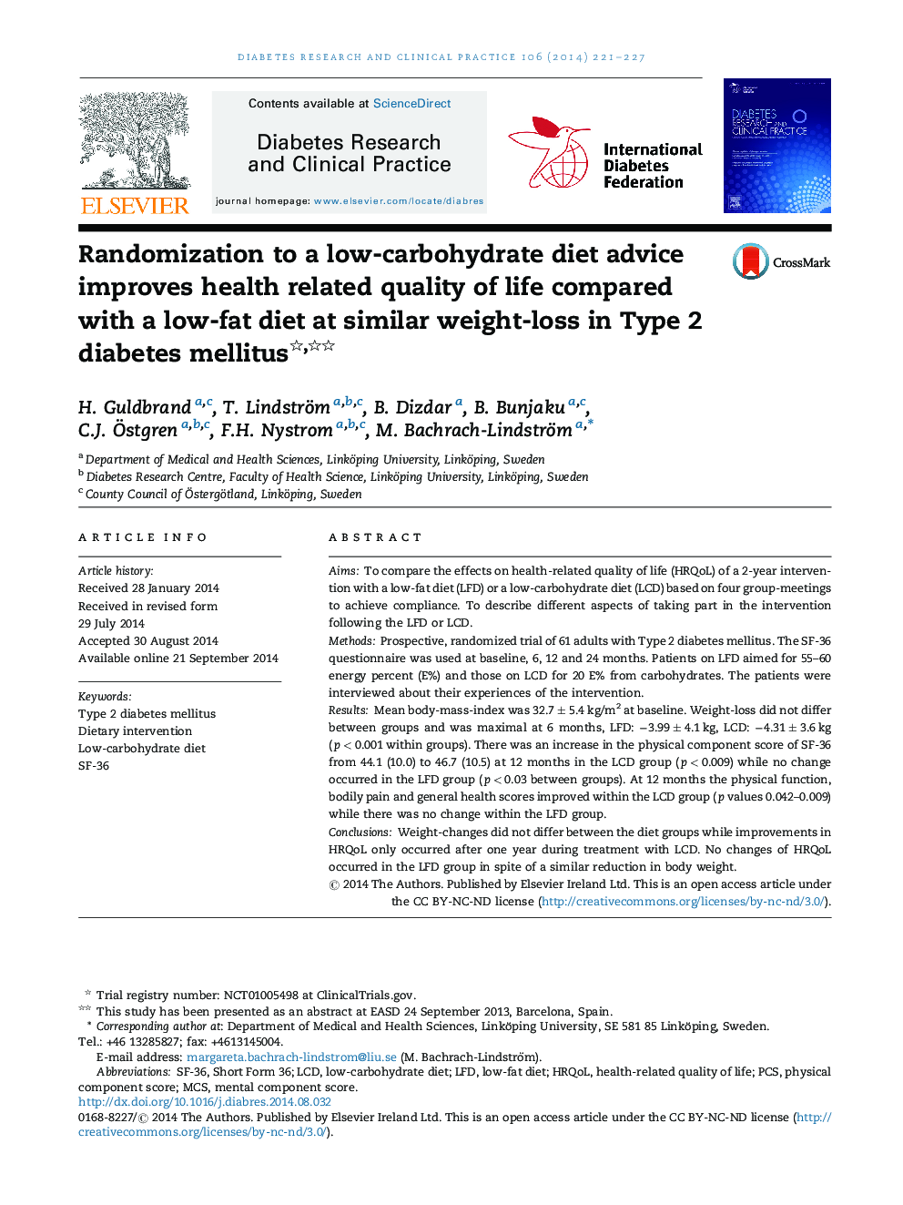 Randomization to a low-carbohydrate diet advice improves health related quality of life compared with a low-fat diet at similar weight-loss in Type 2 diabetes mellitus