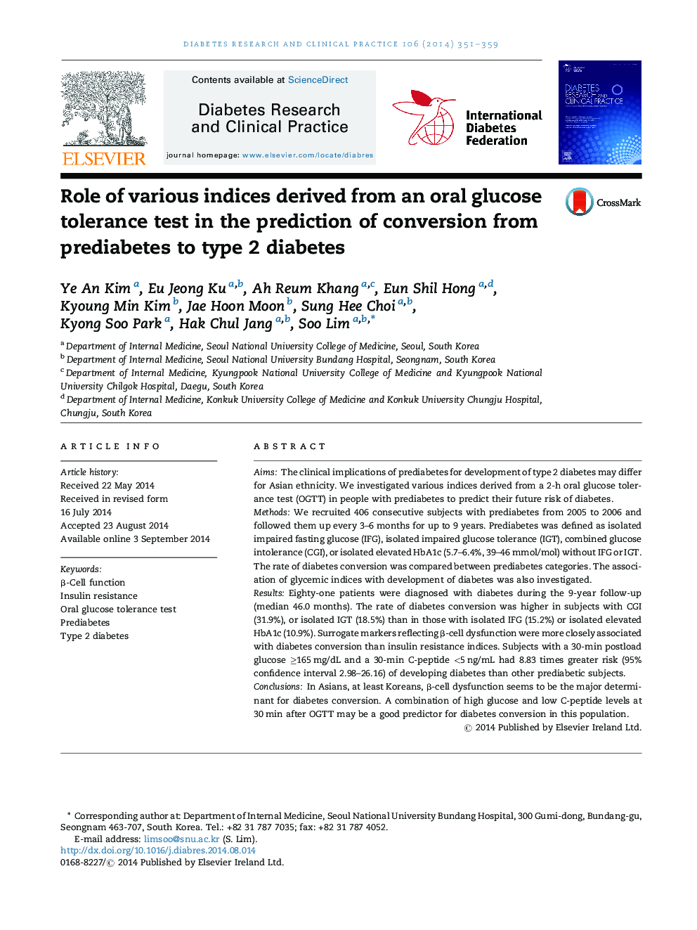 Role of various indices derived from an oral glucose tolerance test in the prediction of conversion from prediabetes to type 2 diabetes