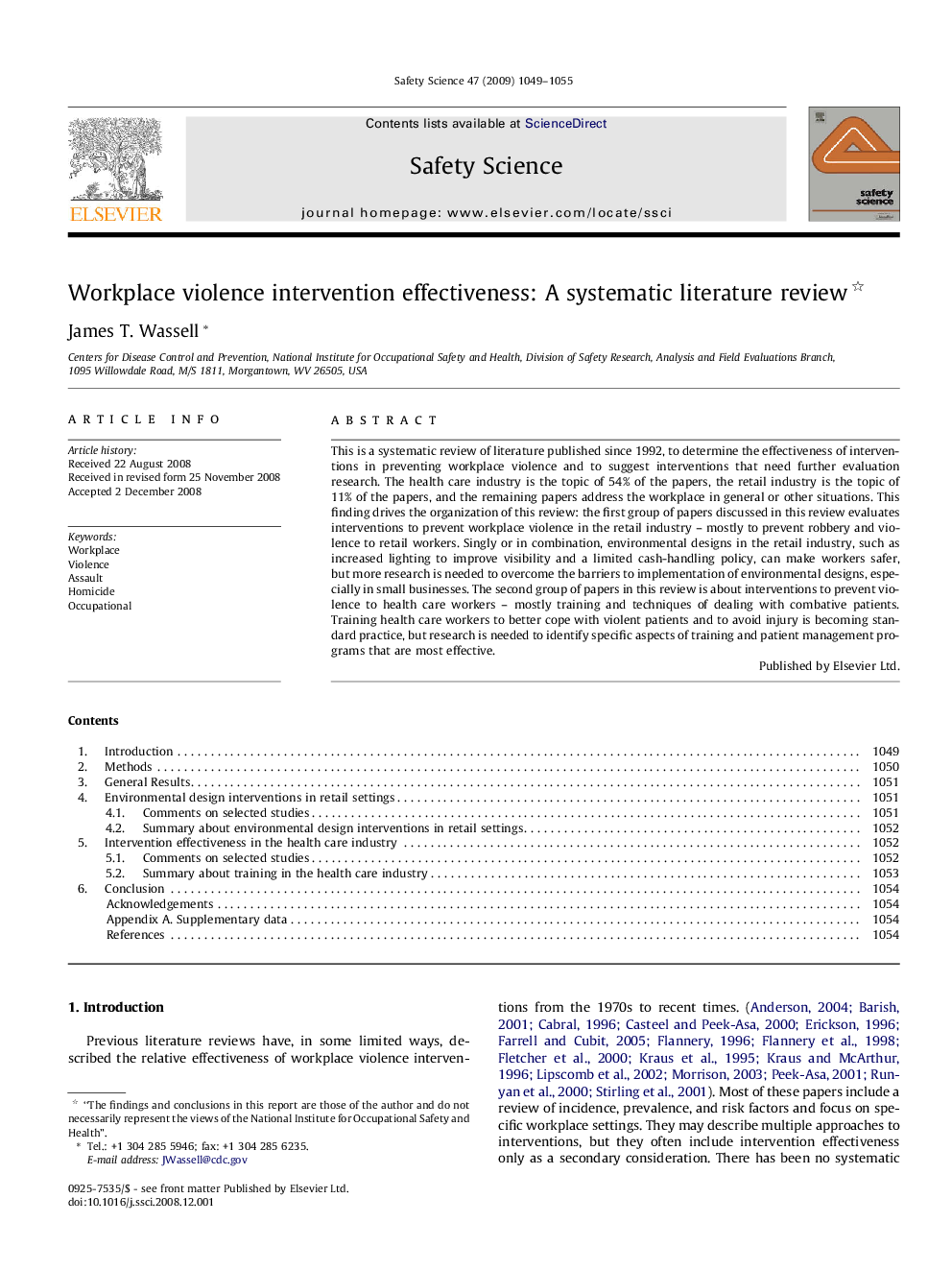 Workplace violence intervention effectiveness: A systematic literature review 