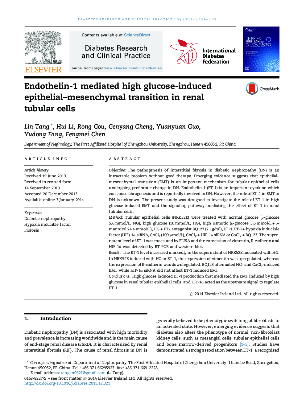 Endothelin-1 mediated high glucose-induced epithelial-mesenchymal transition in renal tubular cells