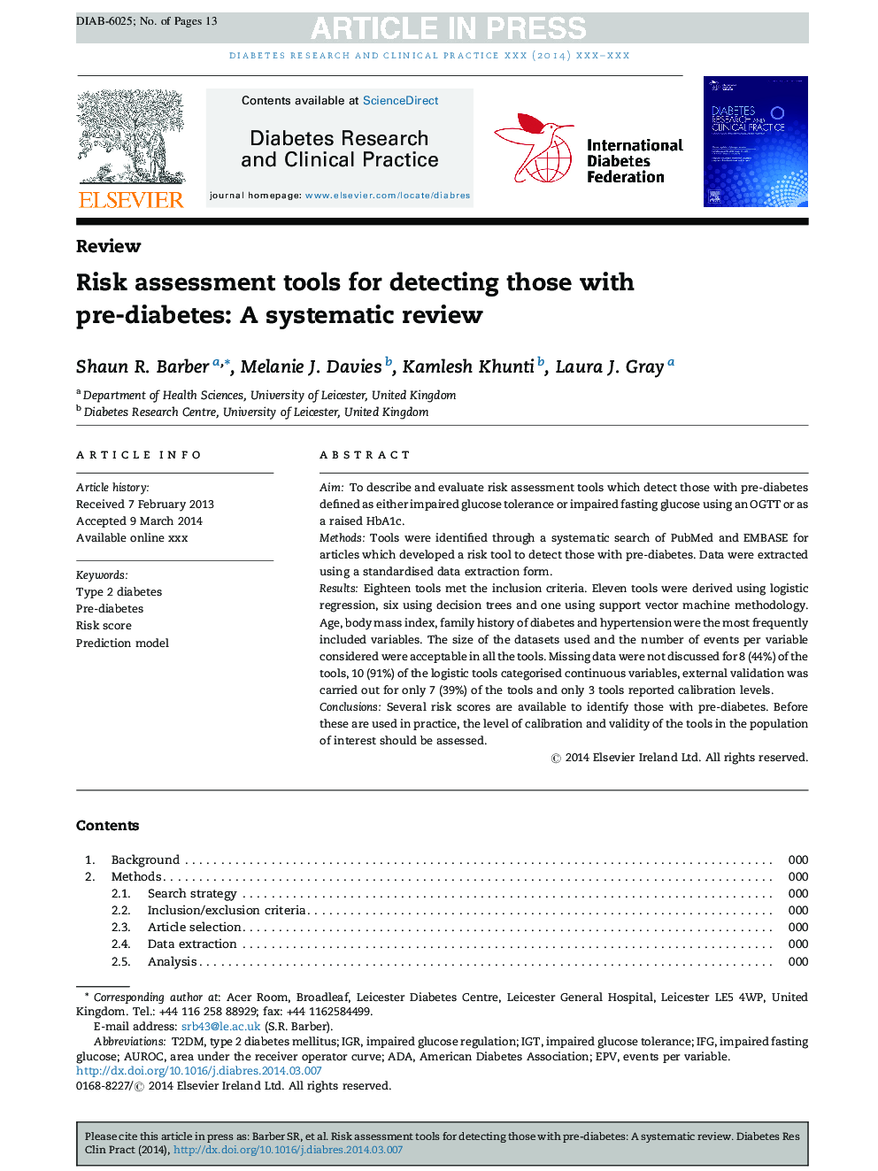 ابزارهای ارزیابی ریسک برای تشخیص افراد مبتلا به دیابت قبل از دیابت: یک بررسی سیستماتیک 