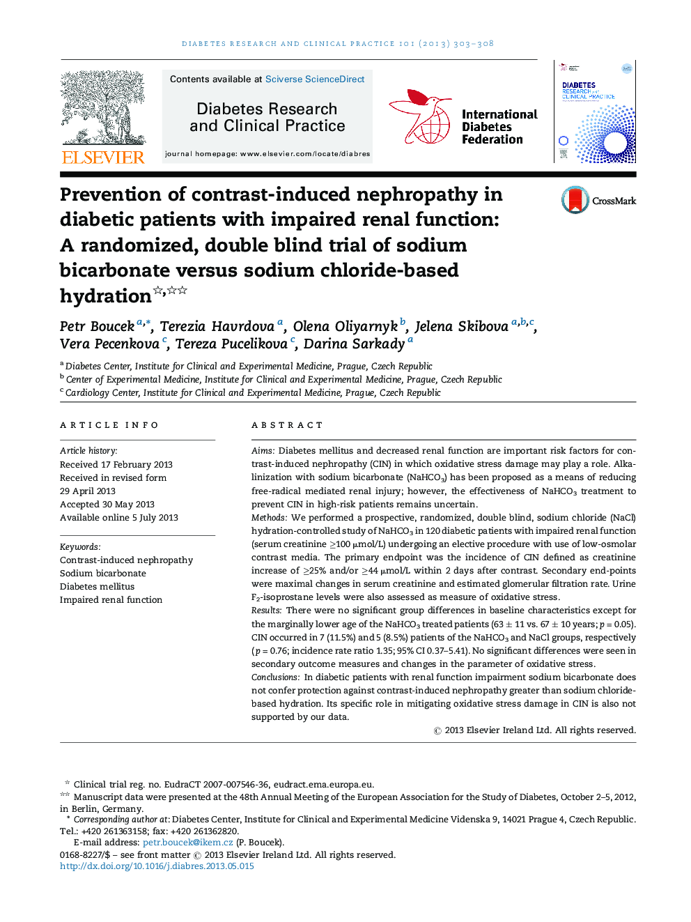 Prevention of contrast-induced nephropathy in diabetic patients with impaired renal function: A randomized, double blind trial of sodium bicarbonate versus sodium chloride-based hydration