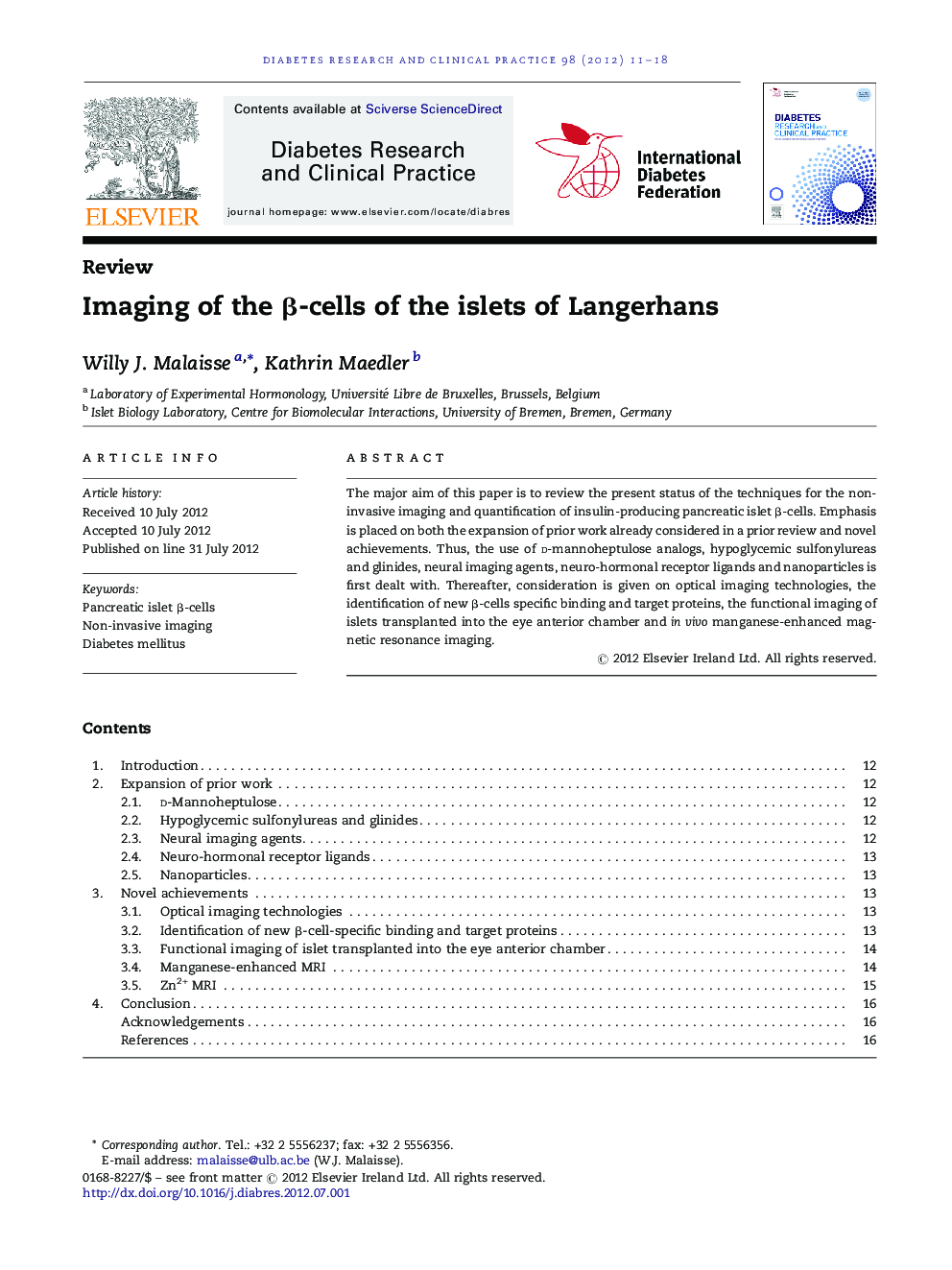 Imaging of the Î²-cells of the islets of Langerhans