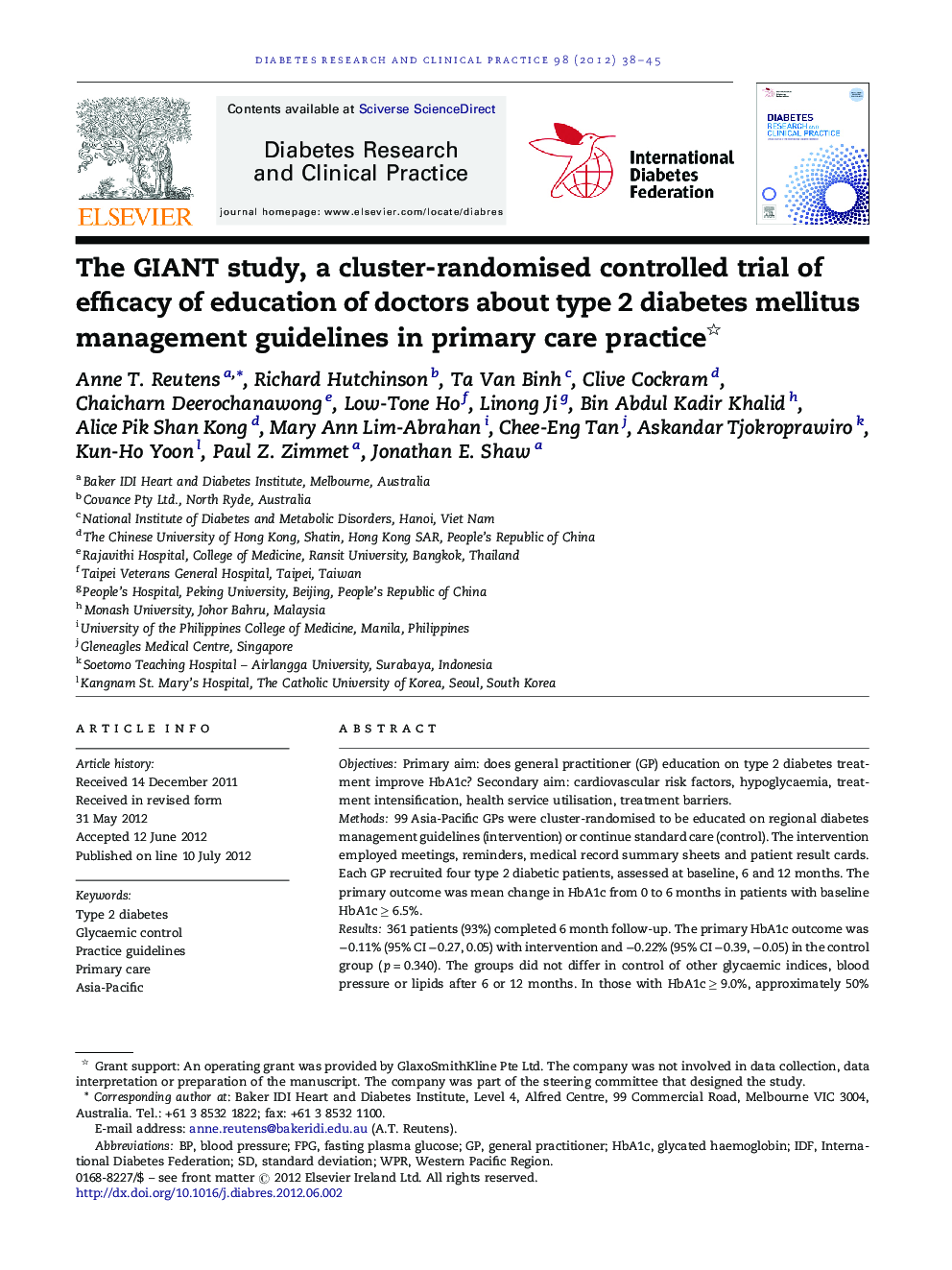 The GIANT study, a cluster-randomised controlled trial of efficacy of education of doctors about type 2 diabetes mellitus management guidelines in primary care practice
