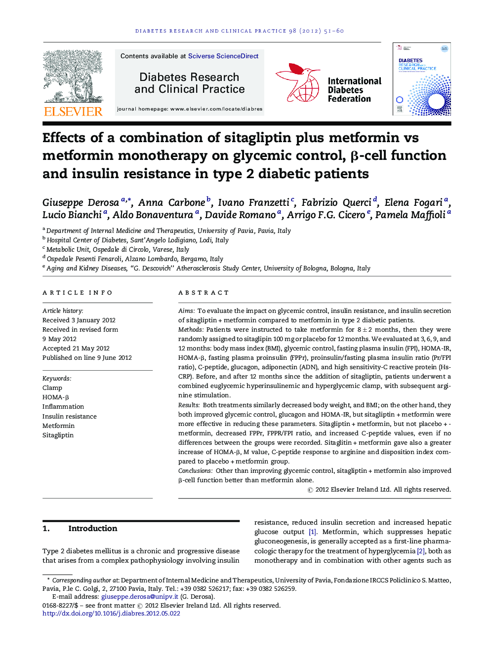 Effects of a combination of sitagliptin plus metformin vs metformin monotherapy on glycemic control, Î²-cell function and insulin resistance in type 2 diabetic patients