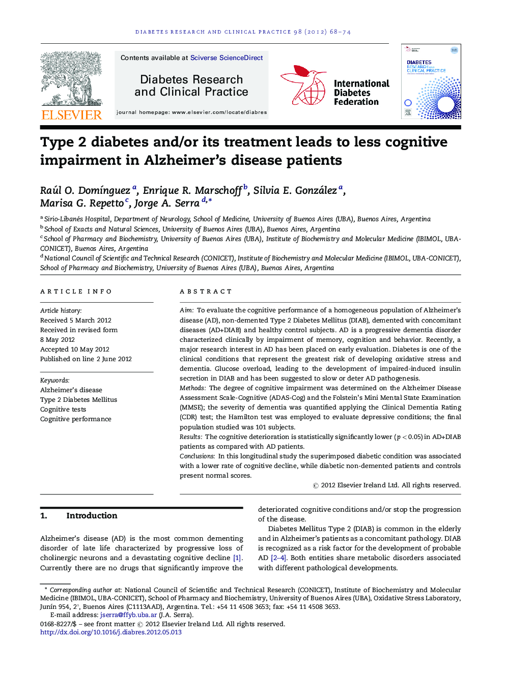 Type 2 diabetes and/or its treatment leads to less cognitive impairment in Alzheimer's disease patients