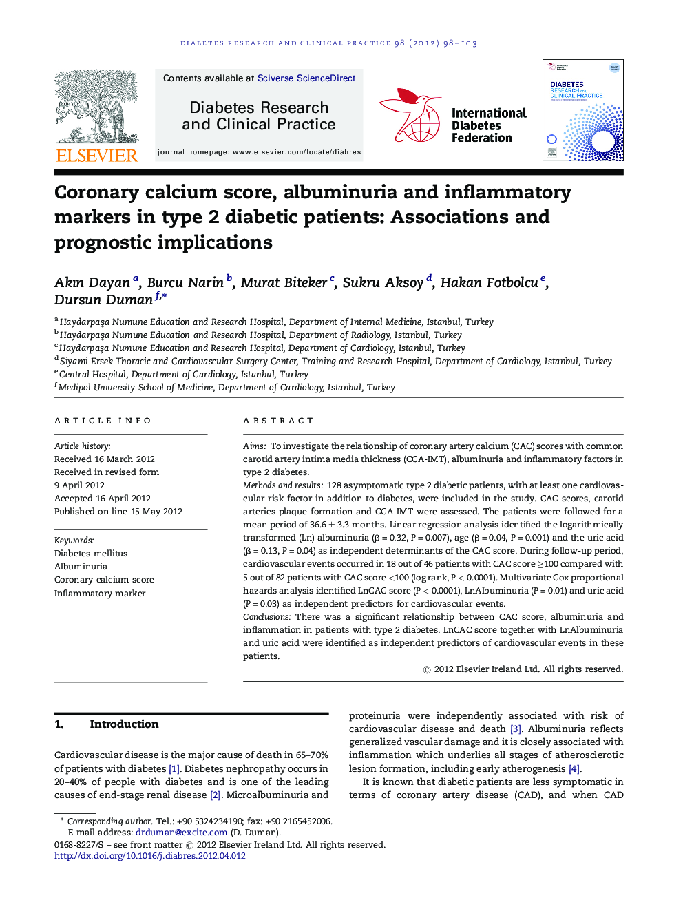 Coronary calcium score, albuminuria and inflammatory markers in type 2 diabetic patients: Associations and prognostic implications