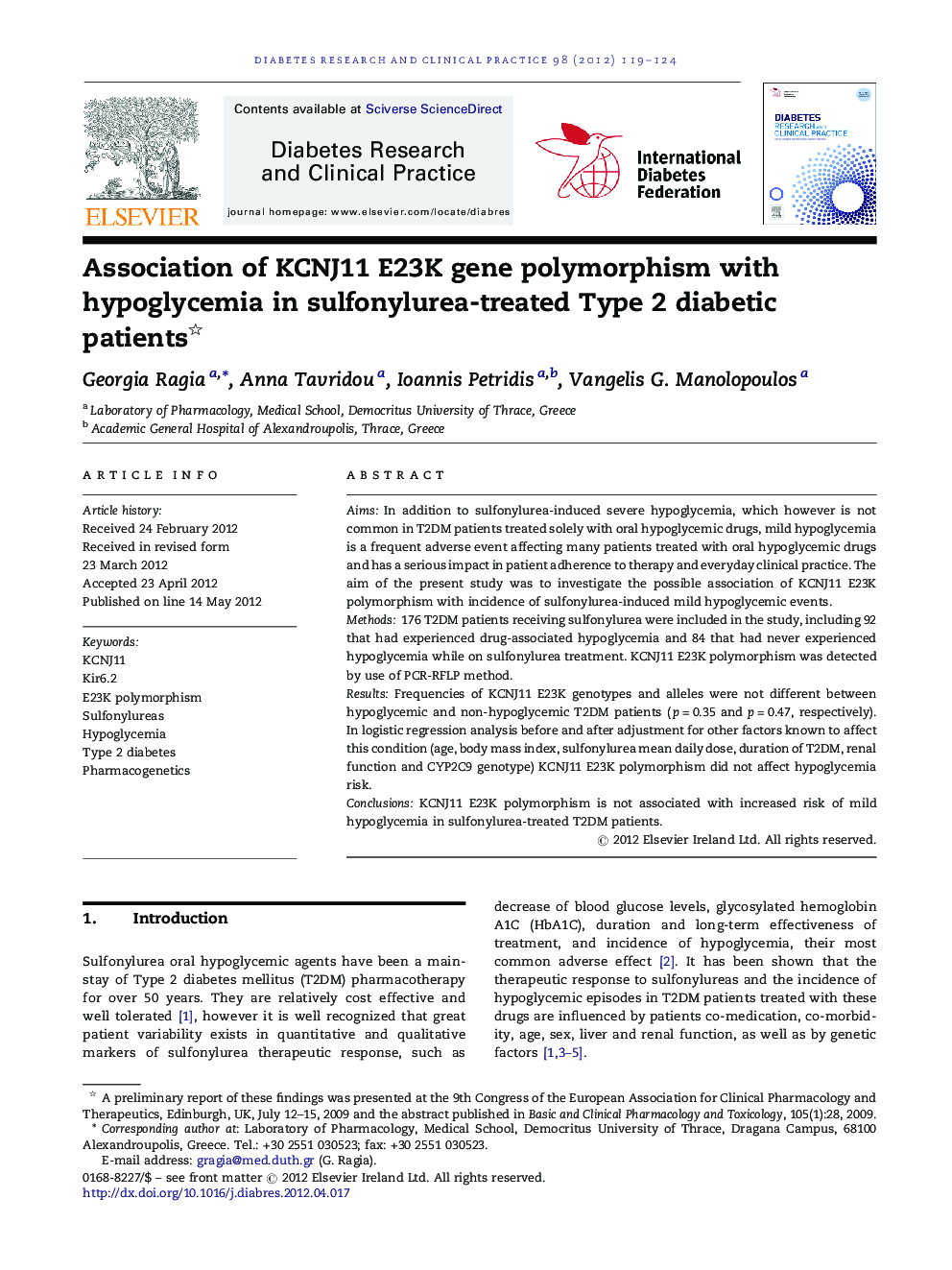 Association of KCNJ11 E23K gene polymorphism with hypoglycemia in sulfonylurea-treated Type 2 diabetic patients