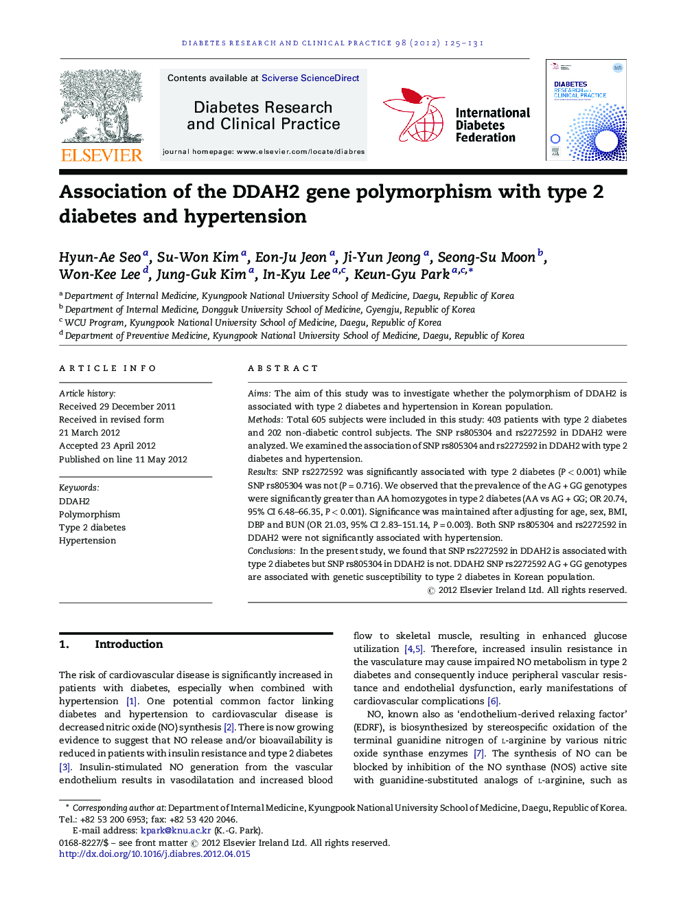 Association of the DDAH2 gene polymorphism with type 2 diabetes and hypertension