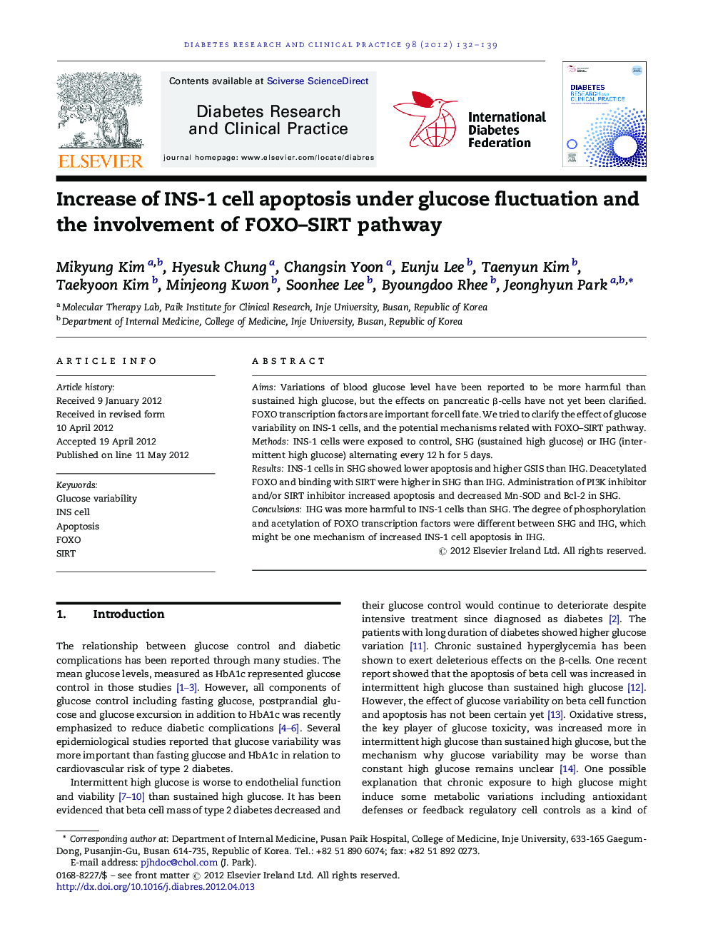 Increase of INS-1 cell apoptosis under glucose fluctuation and the involvement of FOXO-SIRT pathway