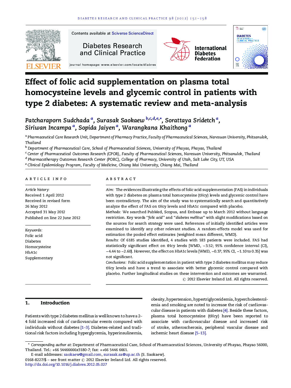 Effect of folic acid supplementation on plasma total homocysteine levels and glycemic control in patients with type 2 diabetes: A systematic review and meta-analysis