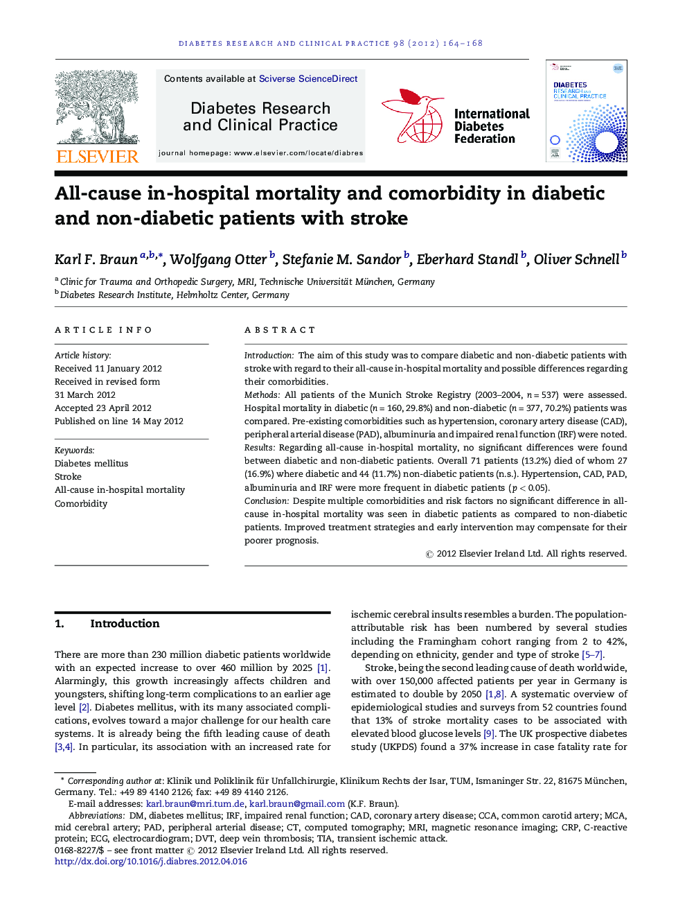 All-cause in-hospital mortality and comorbidity in diabetic and non-diabetic patients with stroke