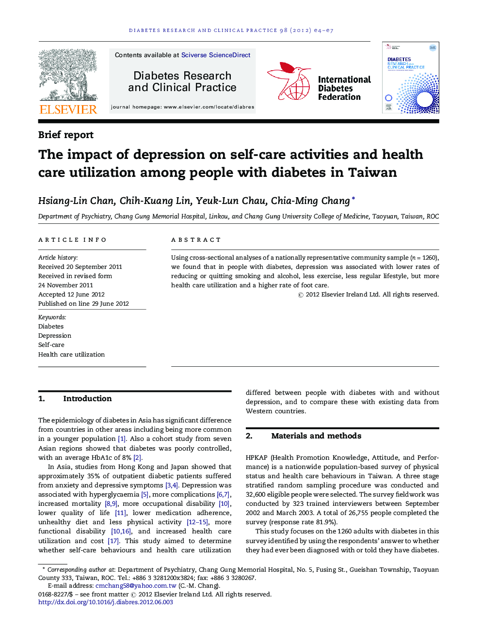 The impact of depression on self-care activities and health care utilization among people with diabetes in Taiwan