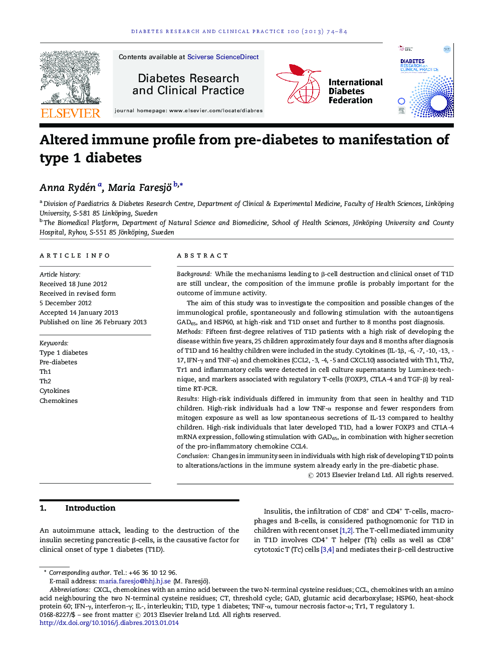 Altered immune profile from pre-diabetes to manifestation of type 1 diabetes